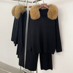 OFTBUY Knitted Pant Set Female Fashion Warm Real Fox Fur Sweater Lady New Autumn Winter Plus Size Woman Clothes Outfits Knitwear