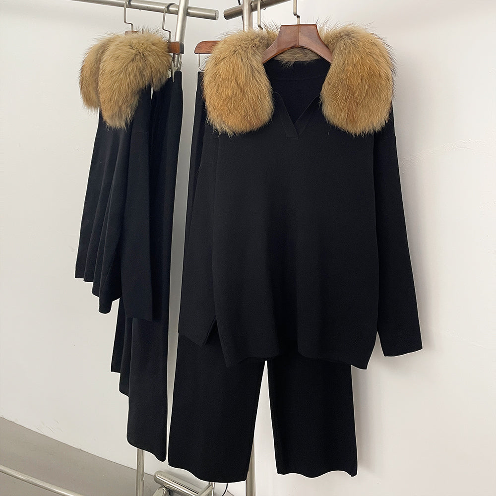 OFTBUY Knitted Pant Set Female Fashion Warm Real Fox Fur Sweater Lady New Autumn Winter Plus Size Woman Clothes Outfits Knitwear