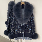 OFTBUY Women's Paisley Knit Cardigan with Real Fox Fur Trim Belted Sweater Coat Female New Luxury Clothes Winter Outerwear Lady