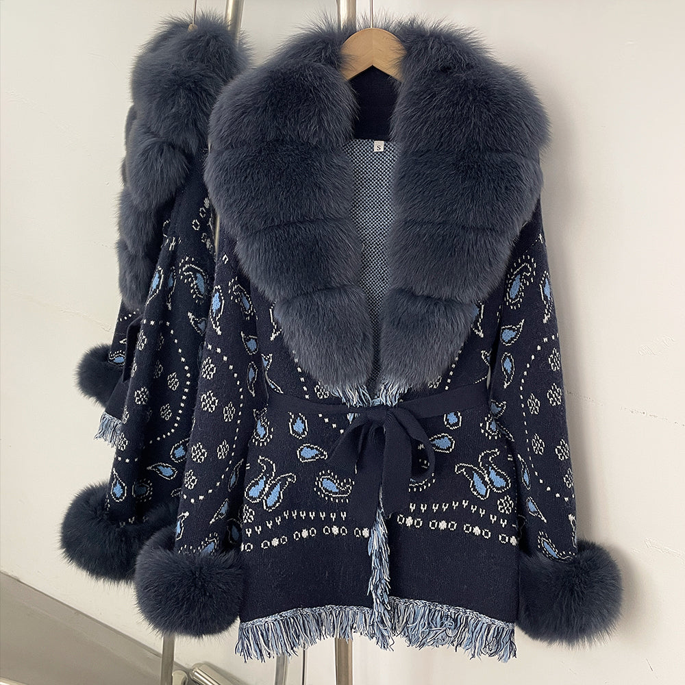 OFTBUY Women's Paisley Knit Cardigan with Real Fox Fur Trim Belted Sweater Coat Female New Luxury Clothes Winter Outerwear Lady