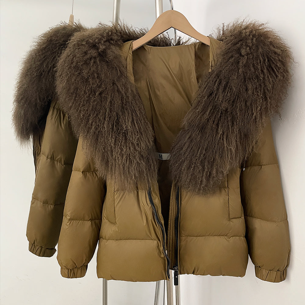 OFTBUY New Belted Luxury Warm Winter Women's Puffer Jacket with Real Mongolia Sheep Fur Collar Outerwear Duck Dowm Coat Female