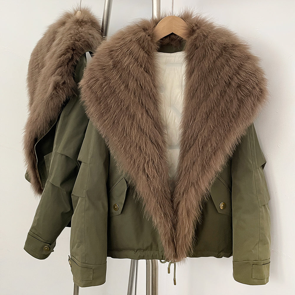 Olive green windproof duck down parka with plush wide fox fur trim