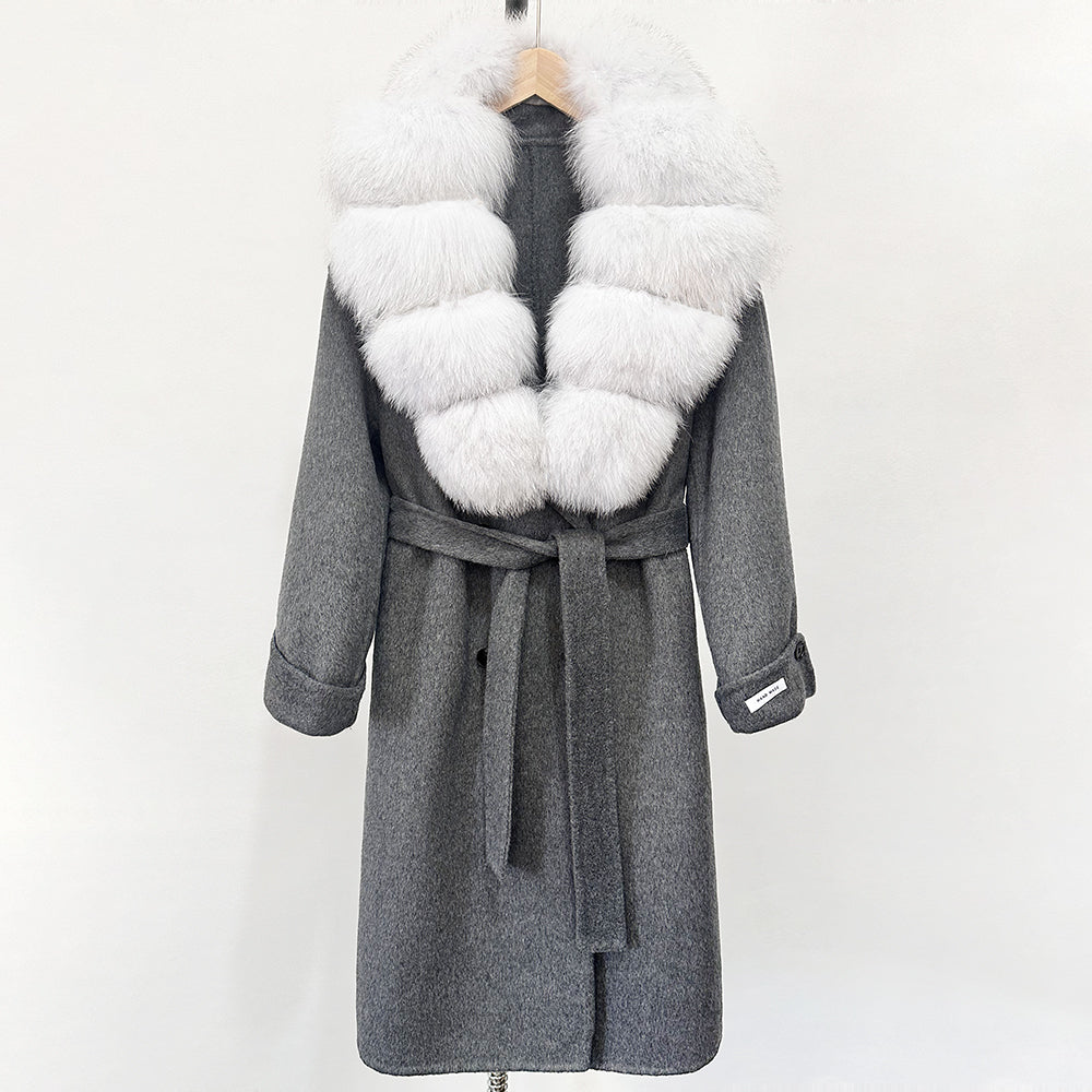 OFTBUY Winter Jacket Women Woolen Blends Coat Natural Real Fox Fur Collar Belt Loose Outerwear Casual Outerwear Streetwear