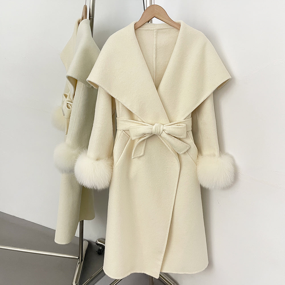 OFTBUY  Luxury Warm Woolen Jacket Women Long Big Collar 100% Wool Coat with Real Fox Fur Cuffs New Autumn Winter Clothes Femlae