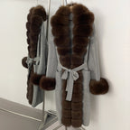 OFTBUY Trim Belted Warm Winter Coat Elegant Fashion Outerwear Female Long Sweater New Women's Knit Coat with Full Real Fox Fur