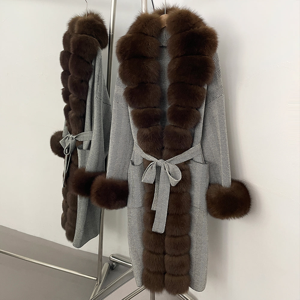 OFTBUY Trim Belted Warm Winter Coat Elegant Fashion Outerwear Female Long Sweater New Women's Knit Coat with Full Real Fox Fur