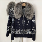 OFTBUY Women's Vintage Real Fox Fur Collar Knit Cardigan Paisley Print Zip Up Sweater Jacket Female Warm Winter Luxury Outerwear