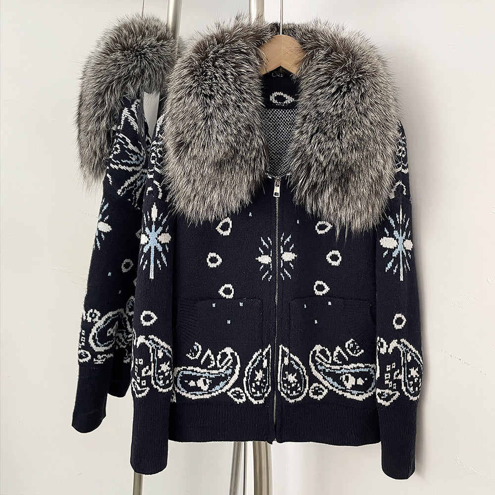 OFTBUY Women's Vintage Real Fox Fur Collar Knit Cardigan Paisley Print Zip Up Sweater Jacket Female Warm Winter Luxury Outerwear