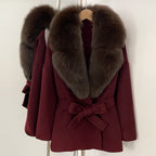 OFTBUY Belted Warm Winter Elegant Fashion Outerwear Lady New Women's Double-Faced Wool Coat with Large Real Fox Fur Collar Cuffs