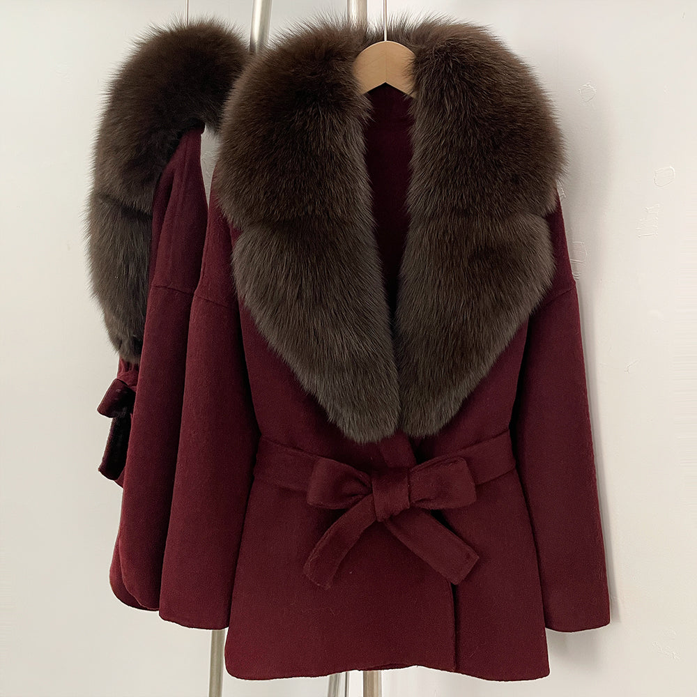 OFTBUY Belted Warm Winter Elegant Fashion Outerwear Lady New Women's Double-Faced Wool Coat with Large Real Fox Fur Collar Cuffs