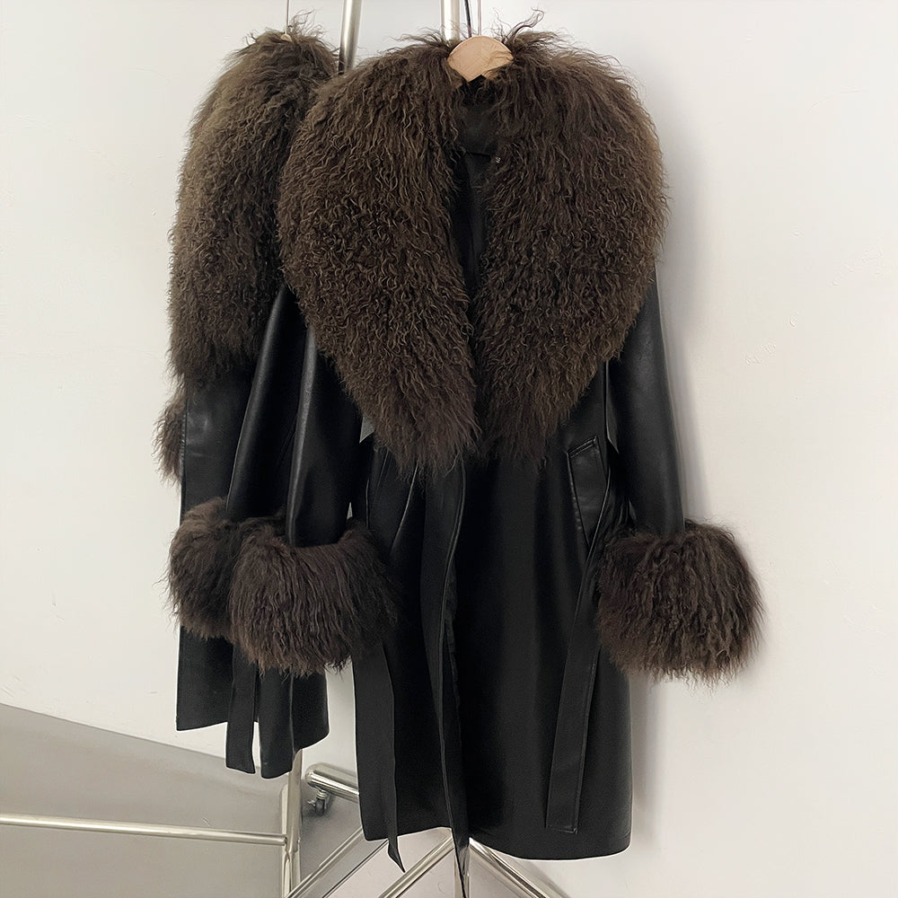 OFTBUY New Autumn Winter Clothes Women Luxury Real Mongolia Sheep Fur Jacket Femlae Long Vintage Faux Leather Streetwear Coat