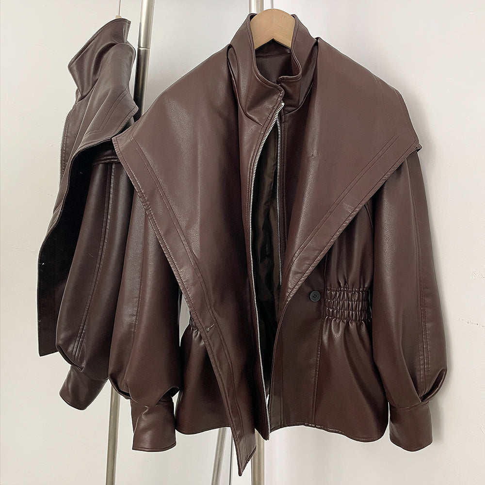 OFTBUY New Women's Faux Leather Jacket Oversized High Neck Zipper Elastic Waist Vintage Coat Female Streetwear Fashion Outerwear