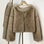 OFTBUY Cropped Faux Fox Fur Jacket