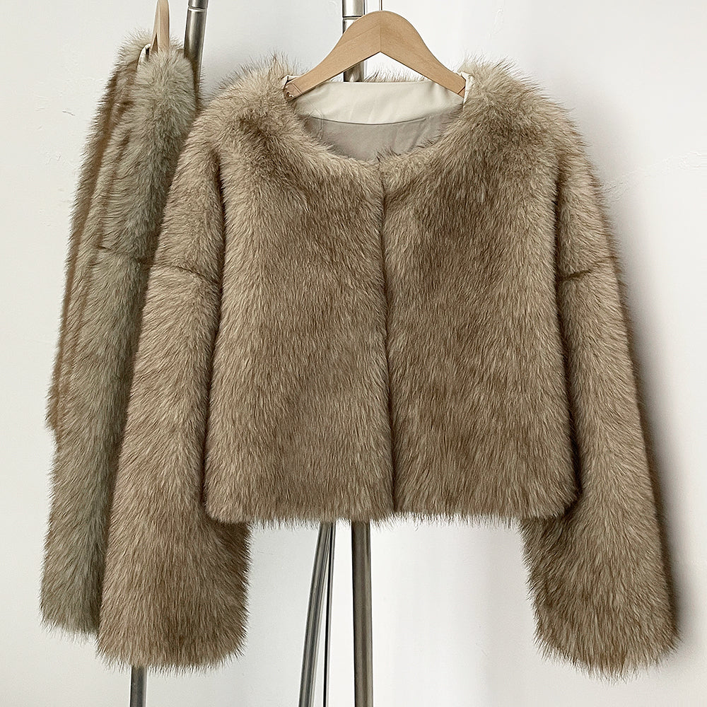 OFTBUY Cropped Faux Fox Fur Jacket
