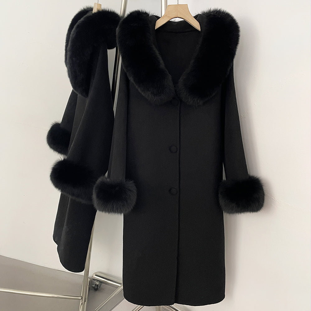 OFTBUY Pompoms Buttons Warm Winter Elegant Outerwear Female New Women's Double Face Wool Coat with Large Real Fox Fur Collar