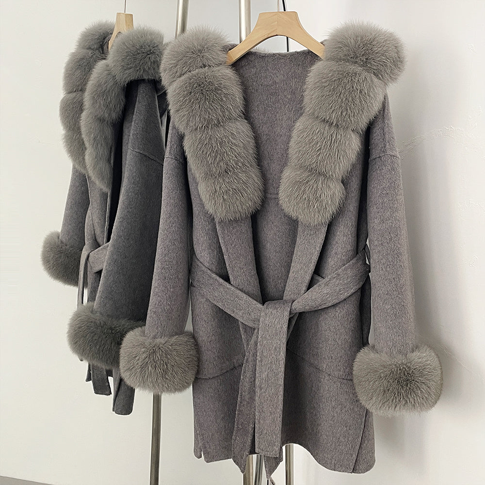 OFTBUY Real Fox Fur Wool Coat Hooded Natural Fur Collar and Cuffs New Autumn Winter Clothes Women Cashmere Woolen Jacket Lady