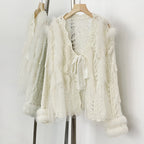 OFTBUY Sexy Hollow Loose V-neck Knitted Jacket Real Fox Fur Cardigan Sweater Female New Spring Autumn Lace Top Clothes Women