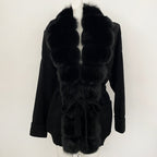 OFTBUY Trim Belted Waist Warm Winter Luxury Fashion Outerwear Sweater Female New Women's Knit Cardigan with Large Real Fox Fur