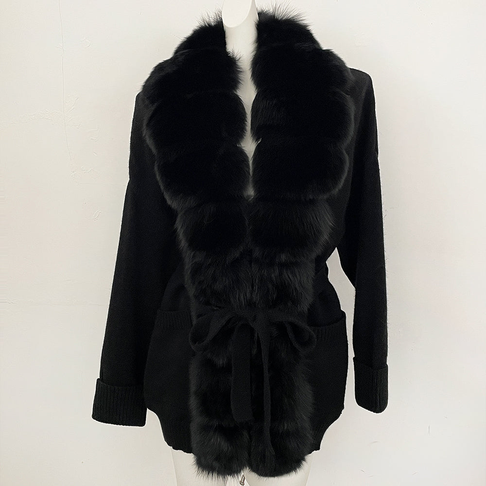 OFTBUY Trim Belted Waist Warm Winter Luxury Fashion Outerwear Sweater Female New Women's Knit Cardigan with Large Real Fox Fur