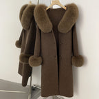 OFTBUY Pompoms Buttons Warm Winter Elegant Outerwear Female New Women's Double Face Wool Coat with Large Real Fox Fur Collar