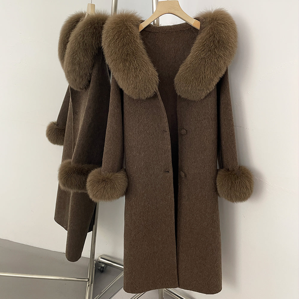 OFTBUY Pompoms Buttons Warm Winter Elegant Outerwear Female New Women's Double Face Wool Coat with Large Real Fox Fur Collar