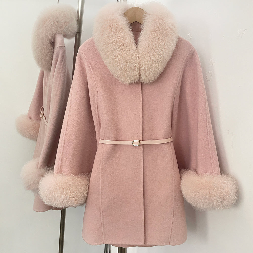 OFTBUY Belt Loose Cloak Natural Fur Woolen Jacket Real Fox Fur Collar and Cuffs Wool Coat Female New Autumn Winter Clothes Lady