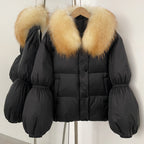 OFTBUY New Winter Loose Top Clothes Women Real Fox Fur Fluffy Puffer Jacket Female Lantern Sleeves Natural Fur Collar Down Coat