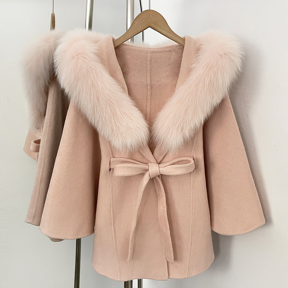 OFTBUY New Autumn Winter Wool Clothing Women Belt Hooded Real Fox Fur Cape Coat Female Fashion Warm Woolen Natural Fur Jacket