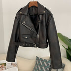 OFTBUY Women's Vintage Black Faux Leather Cropped Moto Jacket Asymmetric Zip PU Biker Coat Female New Autumn Punk Rock Outerwear