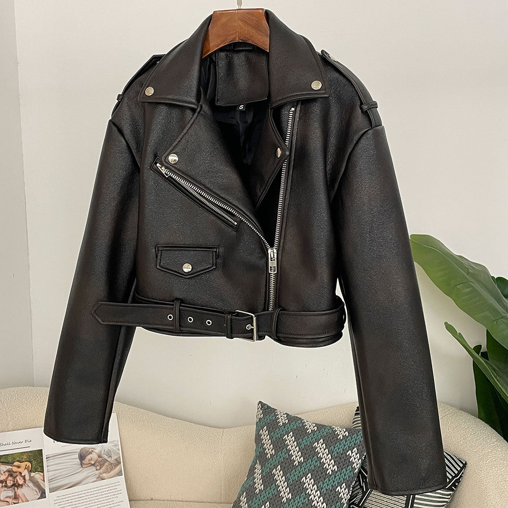 OFTBUY Women's Vintage Black Faux Leather Cropped Moto Jacket Asymmetric Zip PU Biker Coat Female New Autumn Punk Rock Outerwear