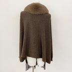 OFTBUY New Women's 100% Wool Knit Cape Coat with Real Fox Fur Collar Tassel Trim Warm Winter Elegant Outerwear Sweater Female
