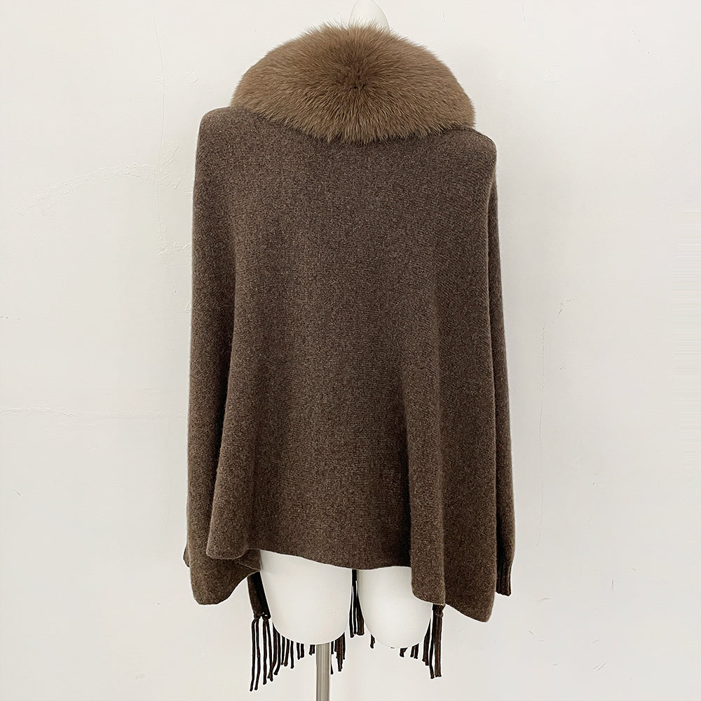 OFTBUY New Women's 100% Wool Knit Cape Coat with Real Fox Fur Collar Tassel Trim Warm Winter Elegant Outerwear Sweater Female