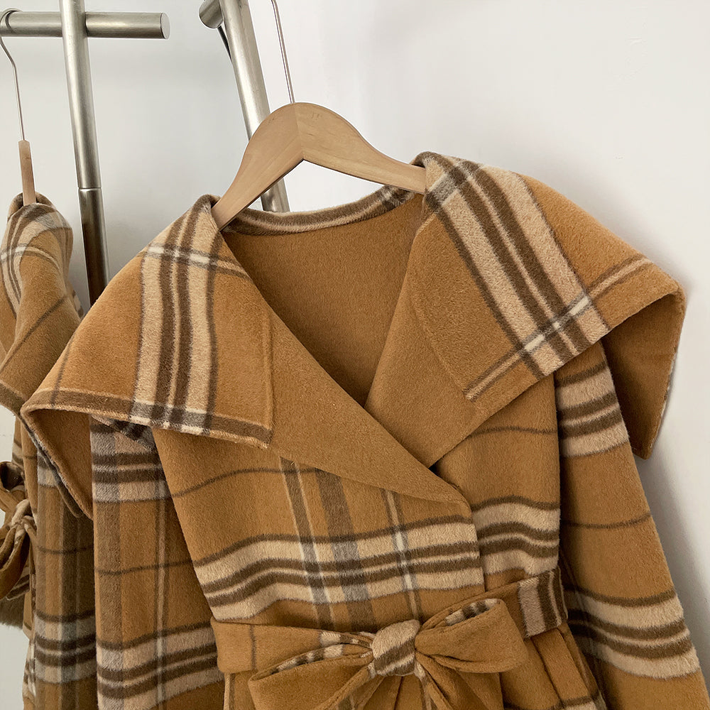 OFTBUY New Women's Double Face Wool Coat Plaid Pattern Real Fox Fur Cuffs Wide Collar Belted Waist Warm Winter Elegant Outerwear