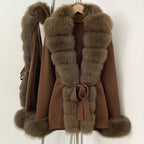 OFTBUY Belt Textured Knit Warm Winter Luxury Outerwear Female Sweater Cardigan New Women's Knit Coat with Large Real Fox Fur