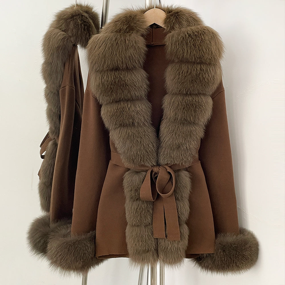 OFTBUY Belt Textured Knit Warm Winter Luxury Outerwear Female Sweater Cardigan New Women's Knit Coat with Large Real Fox Fur