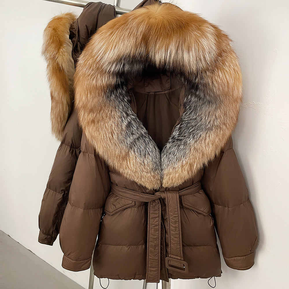 OFTBUY Thick Warm Mid-Long Puffer Coat Real Fox Fur Collar White Duck Down Coat Female Loose Warm Hooded Parkas With Belt