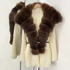 OFTBUY Fashion Belt Warm Sweater Female Natural Fur Loose Cadigan Coat Women Medium Length Knit Jacket with Real Fox Fur Collar