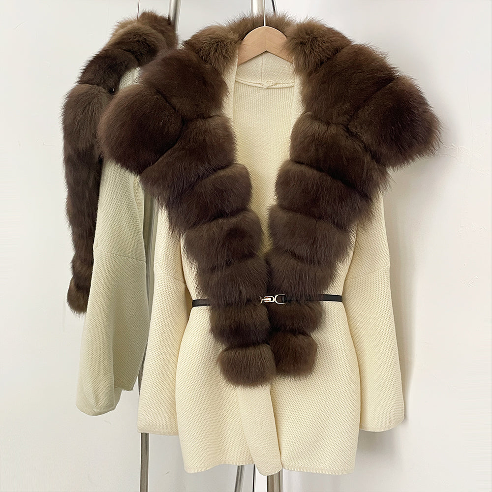 OFTBUY Fashion Belt Warm Sweater Female Natural Fur Loose Cadigan Coat Women Medium Length Knit Jacket with Real Fox Fur Collar