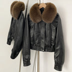 OFTBUY New Spring Autumn Short Top Clothes Women Fashion Pu Leather Jacket with Faux Fur Collar Biker Fake Leather Coat Female