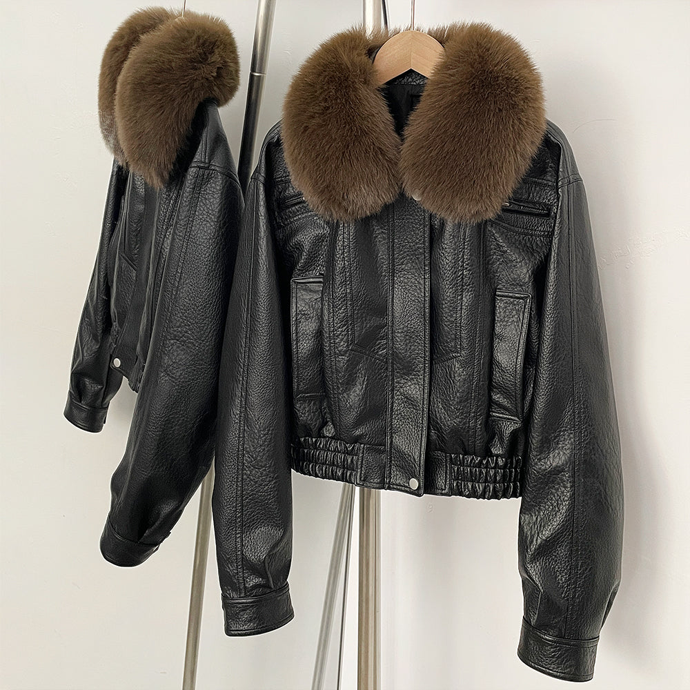 OFTBUY New Spring Autumn Short Top Clothes Women Fashion Pu Leather Jacket with Faux Fur Collar Biker Fake Leather Coat Female