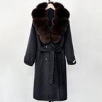 OFTBUY Winter Jacket Women Woolen Blends Coat Natural Real Fox Fur Collar Belt Loose Outerwear Casual Outerwear Streetwear