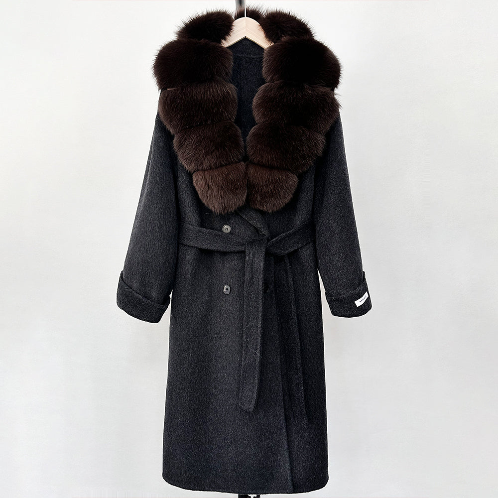 OFTBUY Winter Jacket Women Woolen Blends Coat Natural Real Fox Fur Collar Belt Loose Outerwear Casual Outerwear Streetwear