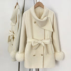 OFTBUY Gold Buttons Belted Bow Warm Winter Elegant Fashion Outerwear New Women's Double Face Wool Coat with Real Fox Fur Cuffs