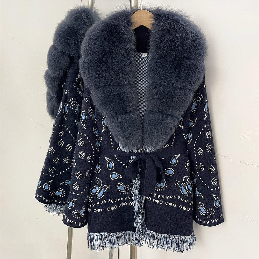 OFTBUY New Luxury Clothes Winter Outerwear Lady Women's Paisley Knit Cardigan with Real Fox Fur Trim Belted Sweater Coat Female