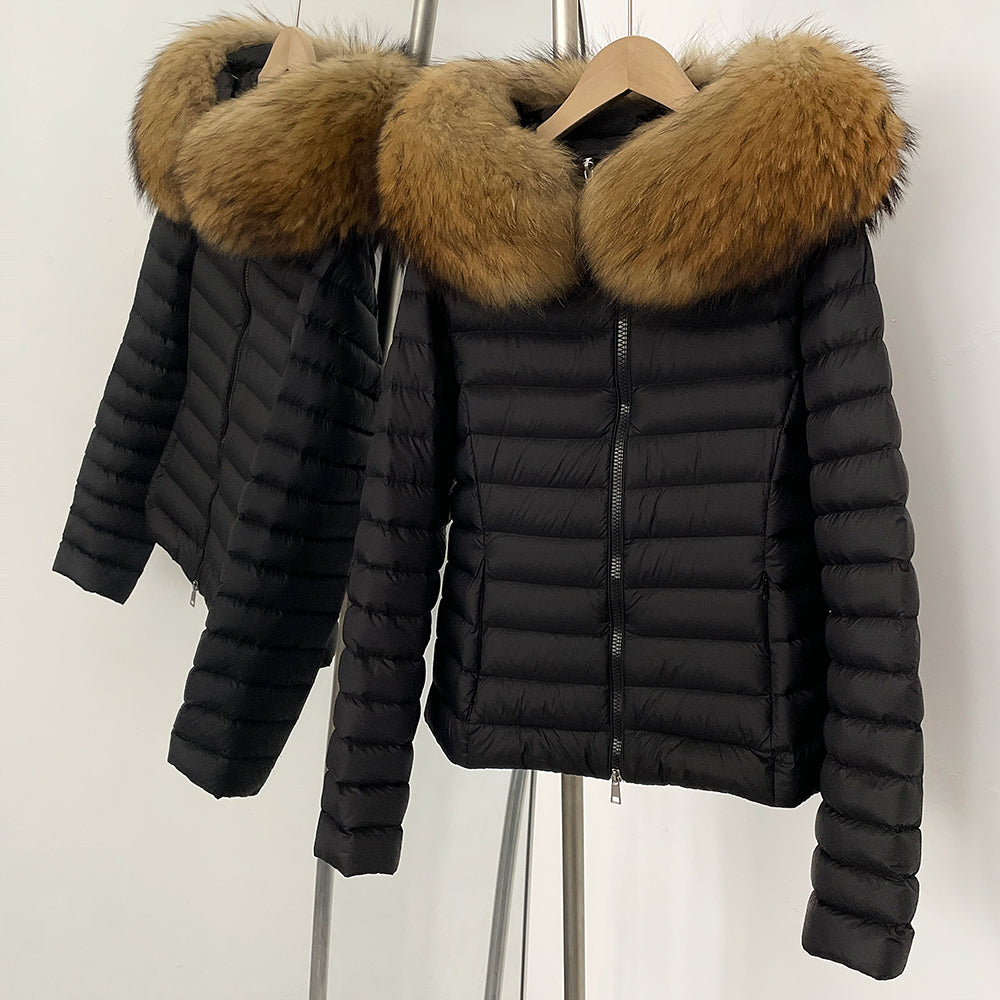 OFTBUY Hooded Slim Real Fox Fur Collar Fluffy Puffer Jacket Women New Winter Short Top Clothing Female Fur White Duck Down Coat