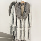 OFTBUY Gradient Print Real Rabbit Fur Long Coat - Oversized Natural Silver Fox Fur Collar Belted Waist Luxury Winter Trench Coat