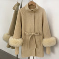 OFTBUY High Collar Belt Real Fox Fur Wool Coat Female New Autumn Winter Knitted Sleeves Woolen Clothes Women Alpaca Loose Jacket