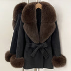 OFTBUY New Women's Double-Faced Wool Coat with Large Real Fox Fur Collar Cuffs Belted Warm Winter Elegant Fashion Outerwear Lady