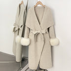 OFTBUY Belt Real Fox Fur Cuffs Elegant Warm Winter Outerwear lady New Women's Long Double-Faced Wool Coat Oversized Lapel Collar