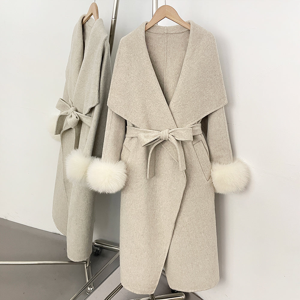 OFTBUY Belt Real Fox Fur Cuffs Elegant Warm Winter Outerwear lady New Women's Long Double-Faced Wool Coat Oversized Lapel Collar